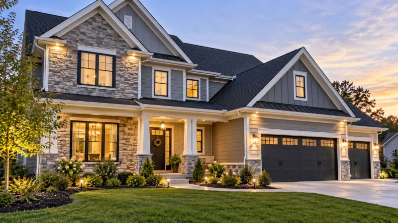 Design build contractor in Lancaster, PA reviewing an exterior home renovation plan while roofing professionals perform installation work.