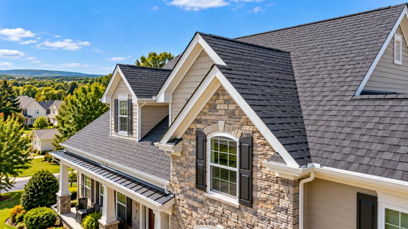 Completed residential roofing installation featuring charcoal asphalt shingles on a two-story home in Ephrata, PA 17522. Completed residential roofing installation featuring charcoal asphalt shingles on a two-story home in Ephrata, PA 17522.