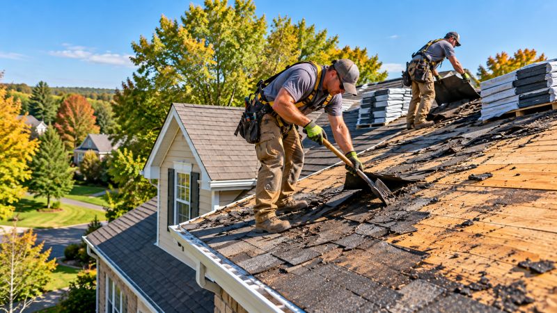 Professional roofing contractors removing old asphalt shingles during a residential roof replacement in Ephrata, PA 17522. Professional roofing contractors removing old asphalt shingles during a residential roof replacement in Ephrata, PA 17522.